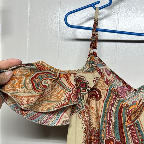 Red and Orange Ruffled Tiered Sundress with Cold Shoulder - Picture 2 of 10